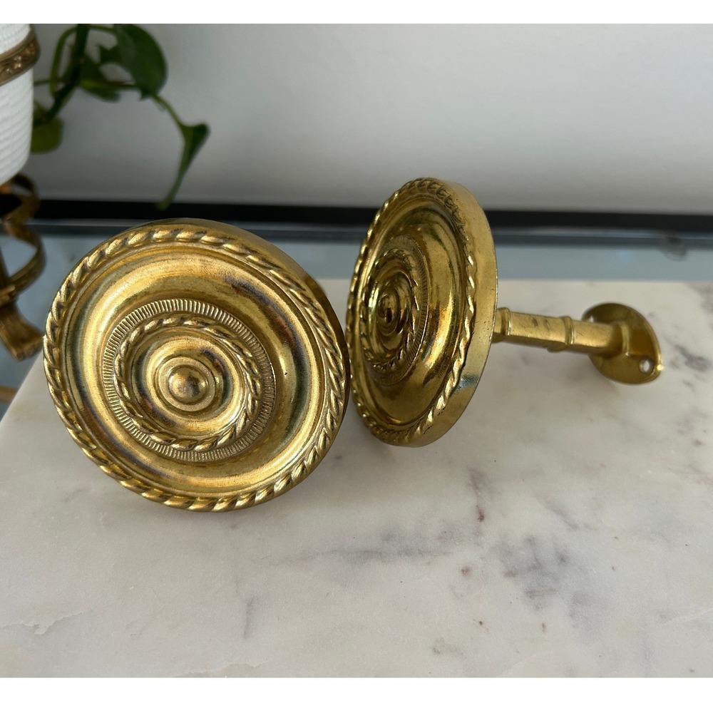 Vintage Brass Curtain Tieback Holdbacks Medallion Rope Twist Bamboo Stem Set 2